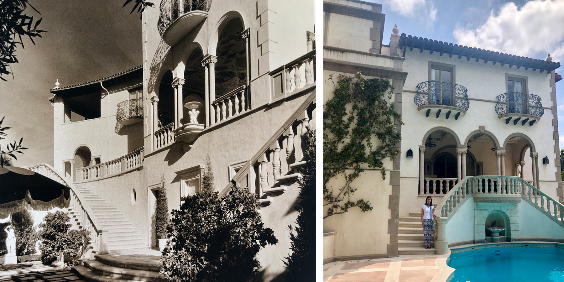 Sharon Rosen Lieb in front of her great-grandparents house, pictures then (1935) and now (2018)